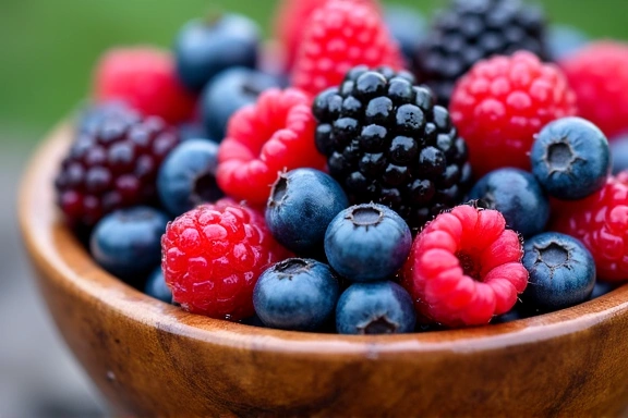 Frutti di bosco freschi e colorati in una ciotola di legno