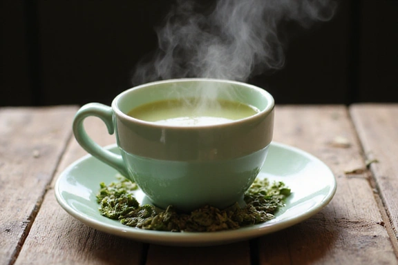 Una tazza di tè verde fumante con foglie fresche accanto