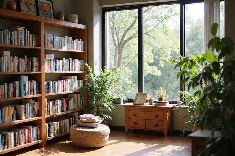 Una libreria moderna e accogliente con libri a tema benessere e natura
