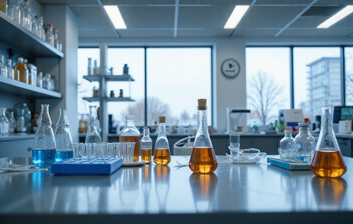 Immagine concettuale di un laboratorio di ricerca con provette e strumenti scientifici