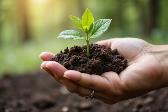 Mano che tiene un germoglio verde che cresce da terra, simbolo di crescita e natura