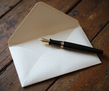 Busta da lettera aperta con una penna su una scrivania di legno