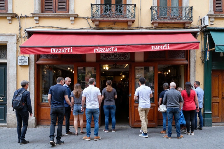 Esterno della Pizzeria Napoli con gente che entra e esce, in una strada storica di Napoli