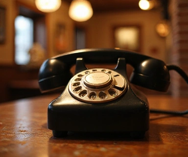 Telefono vintage con un disco rotante, su sfondo sfocato di una pizzeria