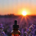 Flacone di olio essenziale di lavanda in un campo di lavanda al tramonto.