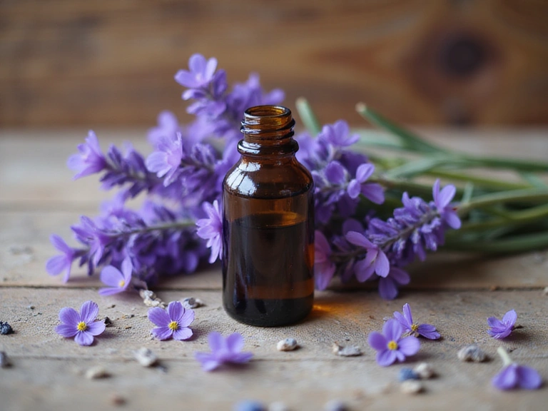 Immagine principale del prodotto: un flacone elegante di olio essenziale di lavanda con fiori di lavanda freschi sullo sfondo.