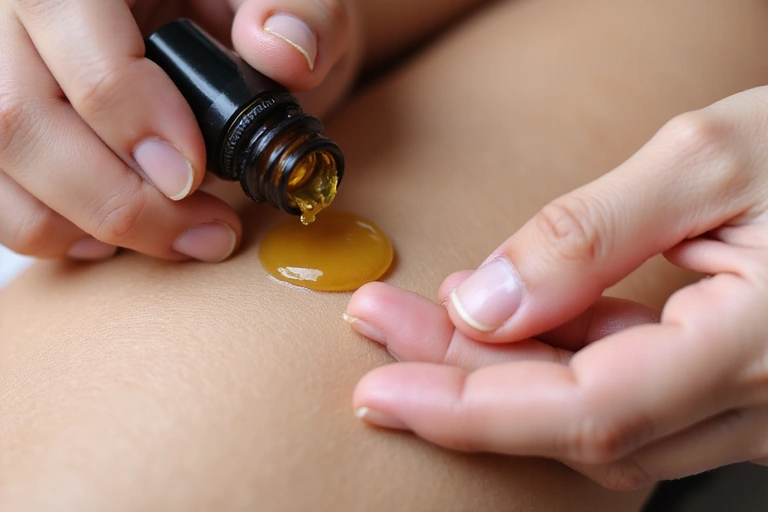 Mani che applicano olio essenziale di lavanda diluito sulla pelle.