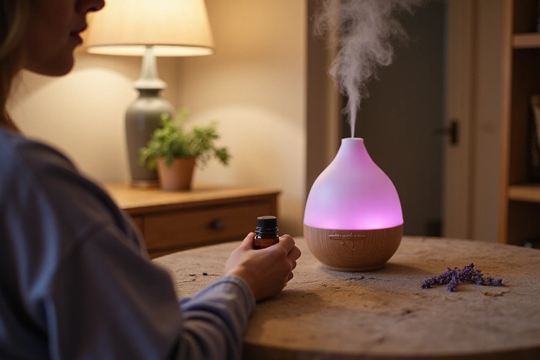 Persona che diffonde olio essenziale di lavanda in un ambiente rilassante.