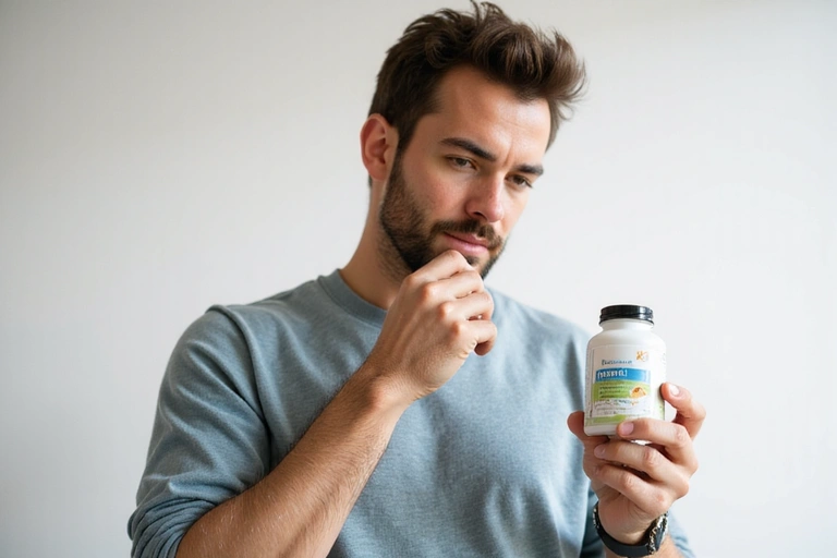 Uomo che esamina un'etichetta di un prodotto naturale
