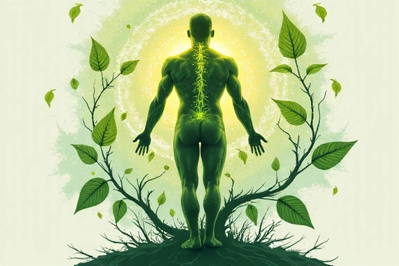 Immagine astratta che rappresenta la natura e la salute, con elementi come erbe, radici e un corpo energico