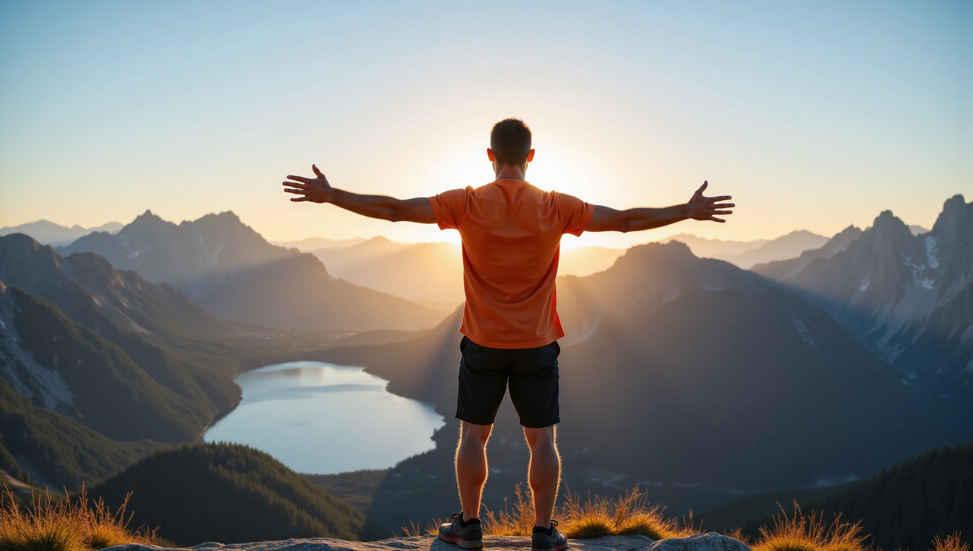 Uomo energico in un paesaggio naturale montano, simbolo di vitalità e natura