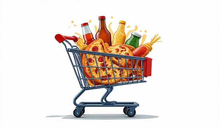 Illustrazione di un carrello della spesa online con prodotti alimentari