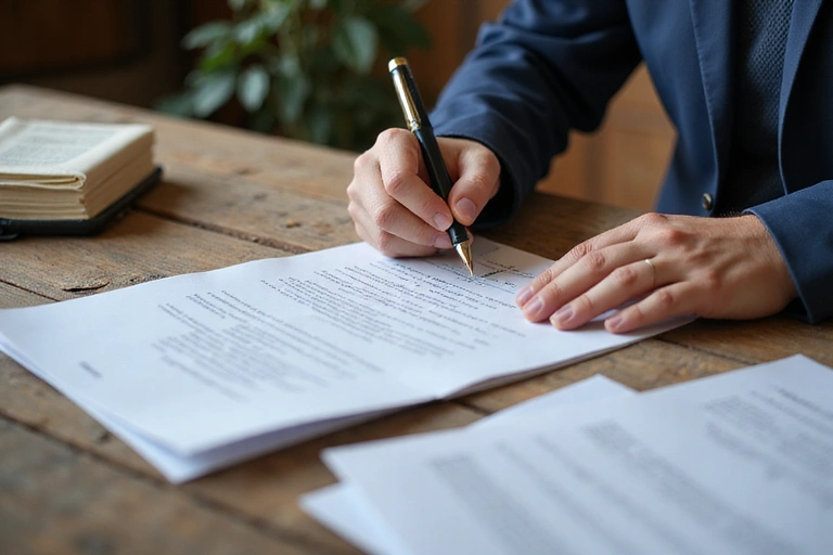 Mano che firma un contratto su un tavolo di legno