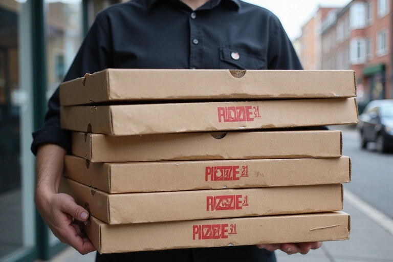 Scatole di pizza impilate pronte per la consegna